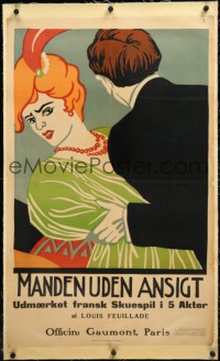 3j0699 MAN WITHOUT A FACE linen Danish poster 1919 Feuillade, art of woman resisting man, ultra rare