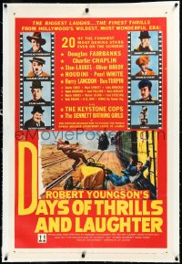 3j0929 DAYS OF THRILLS & LAUGHTER linen 1sh 1961 Charlie Chaplin, Laurel & Hardy, train chase art!