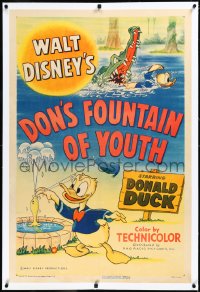 3j0934 DON'S FOUNTAIN OF YOUTH linen 1sh 1953 Disney, great cartoon art of Donald Duck, very rare!