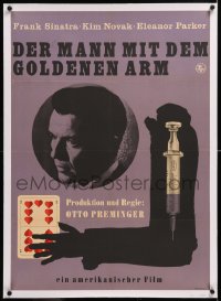 3j0656 MAN WITH THE GOLDEN ARM linen East German 23x32 1966 Sinatra, Preminger, different & rare!