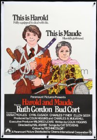 3j0683 HAROLD & MAUDE linen English 1sh 1972 best color art of Ruth Gordon & Bud Cort with weapons!
