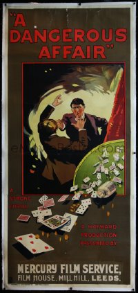 3j0400 DANGEROUS AFFAIR linen English 3sh 1919 art of men fighting by flipped poker table, very rare!
