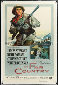 3j0948 FAR COUNTRY linen 1sh 1955 great Reynold Brown art of James Stewart with rifle, Anthony Mann!