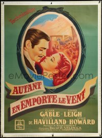 3j0474 GONE WITH THE WIND linen French 1p R1953 different Grinsson art of Gable & Leigh, ultra rare!