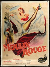 3j0534 MOULIN ROUGE linen French 1p R1950s great art of sexy cabaret dancer doing a high kick, rare!