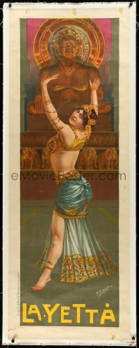 3j0497 LA YETTA linen French 23x63 1900s Fernand Garric art of sexy dancer by statue, ultra rare!