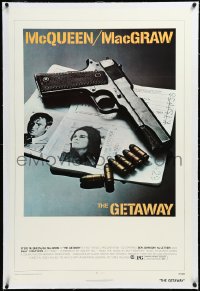 3j0960 GETAWAY linen 1sh 1972 Steve McQueen, McGraw, Sam Peckinpah, cool gun & passports image!