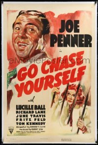 3j0964 GO CHASE YOURSELF linen 1sh 1938 artwork of Joe Penner & young Lucille Ball behind bars!