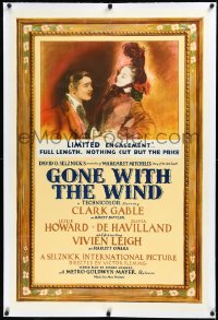 3j0967 GONE WITH THE WIND linen style C.F. 1sh 1941 Seguso art of Clark Gable & Vivien Leigh, rare!