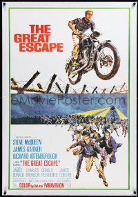 3j0971 GREAT ESCAPE linen int'l 1sh R1970s best McCarthy art of McQueen jumping motorcycle, rare!