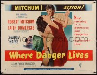 3j0632 WHERE DANGER LIVES linen style A 1/2sh 1950 Zamparelli art of Robert Mitchum & Domergue, rare