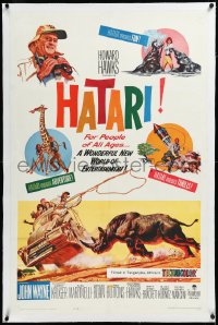 3j0991 HATARI linen 1sh 1962 Howard Hawks, artwork of John Wayne in Africa by Frank McCarthy!