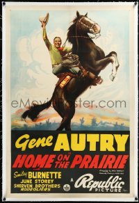 3j0997 HOME ON THE PRAIRIE linen 1sh 1939 art of smiling western cowboy Gene Autry on rearing horse!