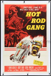 3j1002 HOT ROD GANG linen 1sh 1958 fast cars, crazy kids, classic art of teens in dragsters & girl!