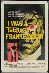 3j1006 I WAS A TEENAGE FRANKENSTEIN linen 1sh 1957 wonderful c/u art of monster + holding sexy girl!