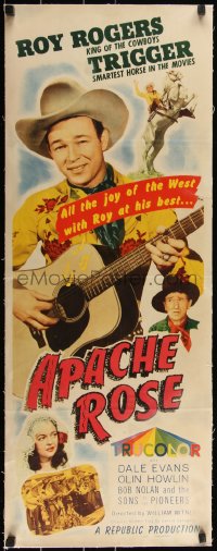 3j0580 APACHE ROSE linen insert 1947 singing cowboy Roy Rogers with guitar & Trigger, Dale Evans!