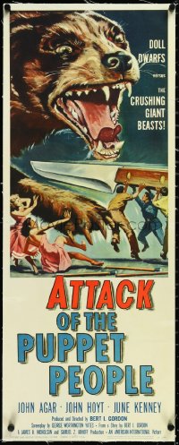3j0581 ATTACK OF THE PUPPET PEOPLE linen insert 1958 art of tiny people w/steak knife attacking dog!