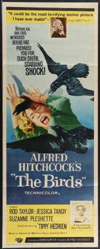 3j0169 BIRDS insert 1963 Alfred Hitchcock shown, introducing Tippi Hedren, classic attack art!