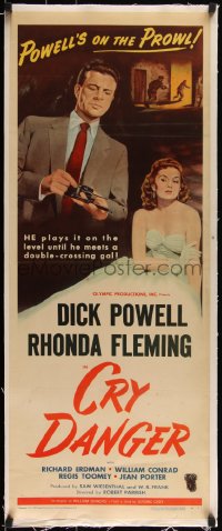 3j0585 CRY DANGER linen insert 1951 great noir art of Dick Powell loading gun + sexy Rhonda Fleming!