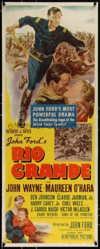3j0606 RIO GRANDE linen insert 1950 art of John Wayne & Maureen O'Hara, directed by John Ford, rare!