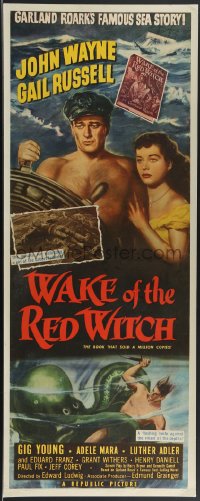 3j0087 WAKE OF THE RED WITCH insert 1949 art of barechested John Wayne & Gail Russell at sea!