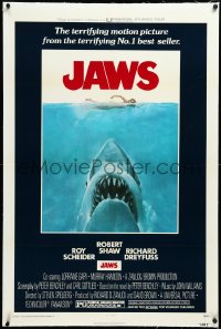 3j1015 JAWS linen 1sh 1975 Roger Kastel art of Spielberg's man-eating shark attacking sexy swimmer!