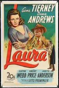 3j1028 LAURA linen 1sh 1944 art of Dana Andrews between Gene Tierney & Vincent Price, classic, rare!