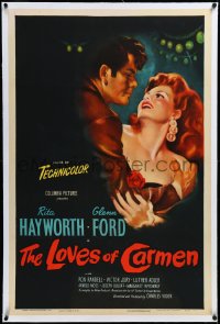 3j1039 LOVES OF CARMEN linen 1sh 1948 romantic close up art of sexiest Rita Hayworth & Glenn Ford!