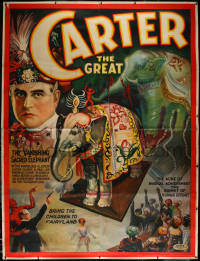 3j0528 CARTER THE GREAT linen 81x107 magic poster 1926 art of the vanishing sacred elephant, rare!