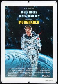 3j1059 MOONRAKER linen int'l teaser 1sh 1979 art of Roger Moore as Bond in space by Goozee!