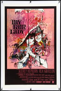 3j1065 MY FAIR LADY linen int'l 1sh 1964 classic art of Audrey Hepburn & Rex Harrison by Bob Peak!