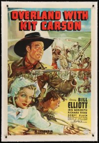 3j1081 OVERLAND WITH KIT CARSON linen 1sh 1939 cowboy Wild Bill Elliot w/two guns, whole serial, rare!