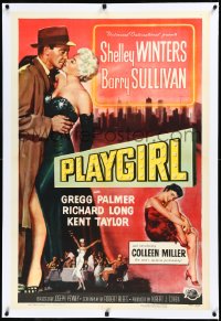 3j1090 PLAYGIRL linen 1sh 1954 Barry Sullivan, there's a price tag on sexy Shelley Winters' kisses!