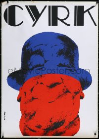 3j0664 CYRK linen Polish 28x39 1975 Waldemar Swierzy art of clown wearing oversized hat, rare!