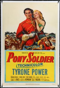 3j1092 PONY SOLDIER linen 1sh 1952 art of Royal Canadian Mountie Tyrone Power & Penny Edwards!