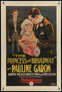 3j1094 PRINCESS ON BROADWAY linen 1sh 1927 romantic art of Pauline Garon & Johnnie Walker, very rare!