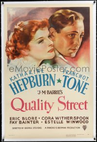 3j1096 QUALITY STREET linen 1sh 1937 romantic art of Katharine Hepburn & Franchot Tone, ultra rare!