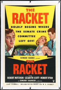 3j1097 RACKET linen 1sh 1951 Robert Ryan grabs sexy Lizabeth Scott, Robert Mitchum, Howard Hughes