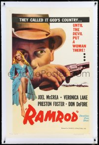 3j1098 RAMROD linen 1sh R1953 c/u of Joel McCrea with smoking gun, sexy full-length Veronica Lake!