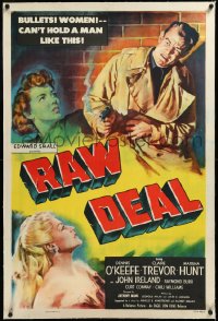 3j1099 RAW DEAL linen 1sh 1948 bullets & Claire Trevor can't hold a man like Dennis O'Keefe, cool art!