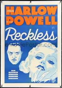 3j1100 RECKLESS linen Leader Press 1sh 1935 art of sexy Jean Harlow & William Powell, ultra rare!
