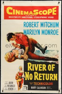 3j1104 RIVER OF NO RETURN linen 1sh 1954 art of Robert Mitchum holding down sexy Marilyn Monroe!