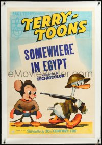 3j1142 TERRY-TOONS linen 1sh 1942 Mighty Mouse as Super Mouse & Gandy Goose with gun, rare!
