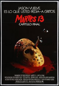 3j0668 FRIDAY THE 13th - THE FINAL CHAPTER linen South American 1984 bloody hockey mask w/knife, rare!