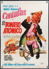 3j0750 EL BOMBERO ATOMICO linen Spanish R1968 great cartoon art of firefighter Cantinflas, rare!