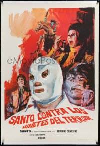 3j0758 SANTO CONTRA LOS JINETES DEL TERROR linen Spanish 1972 Montalban art of masked wrestler, rare!