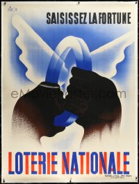3j0512 LOTERIE NATIONALE linen 47x63 French poster 1935 Simon art of hands with winged ring, rare!