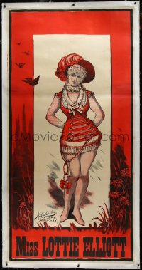 3j0529 MISS LOTTIE ELLIOTT linen 41x82 stage poster 1890s art of sexy blonde in skimpy outfit, rare!