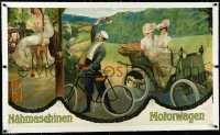 3j0790 OPEL linen 23x39 German advertising poster 1910s art of people cycling & driving car, rare!