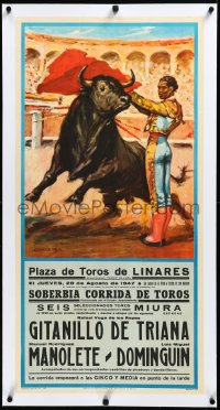 3j0812 PLAZA DE TOROS DE LINARES linen 18x36 Spanish special poster 1962 Jaavedra bullfight art!